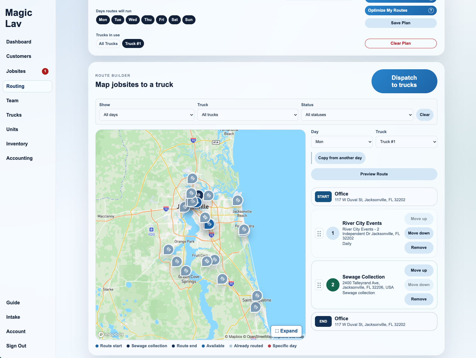 Magic Lav route builder dashboard with a jobsite map and truck stop list